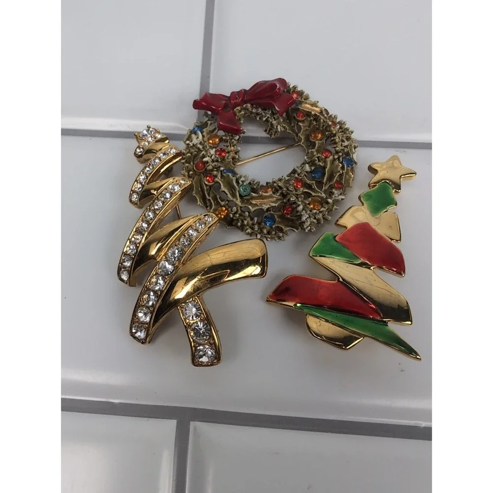 Vintage Lot Of 3 Christmas Enamel & Rhinestone Brooches, Monet/Art/DaneCraft